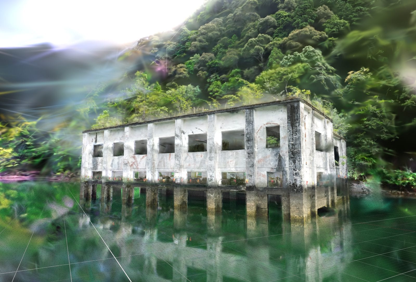 水没した旧発電所の遺構。水面への映り込みまで含めて記録できる